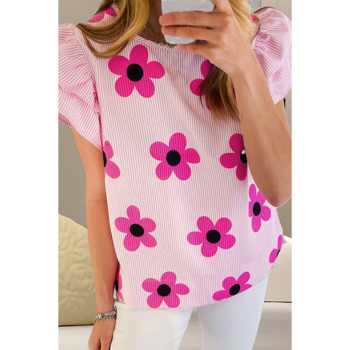 Ruffled Flower Printed Round Neck Cap Sleeve Blouse