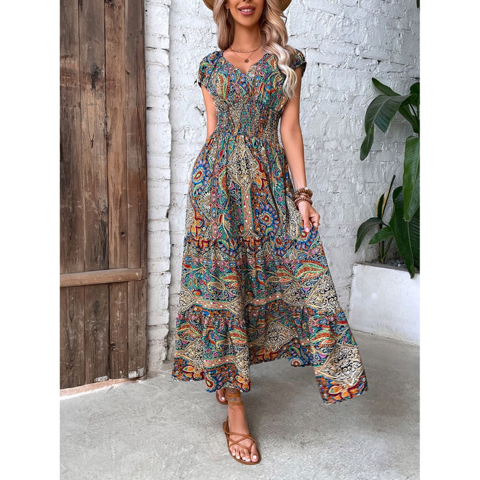 Smocked Printed Cap Sleeve Midi Dress