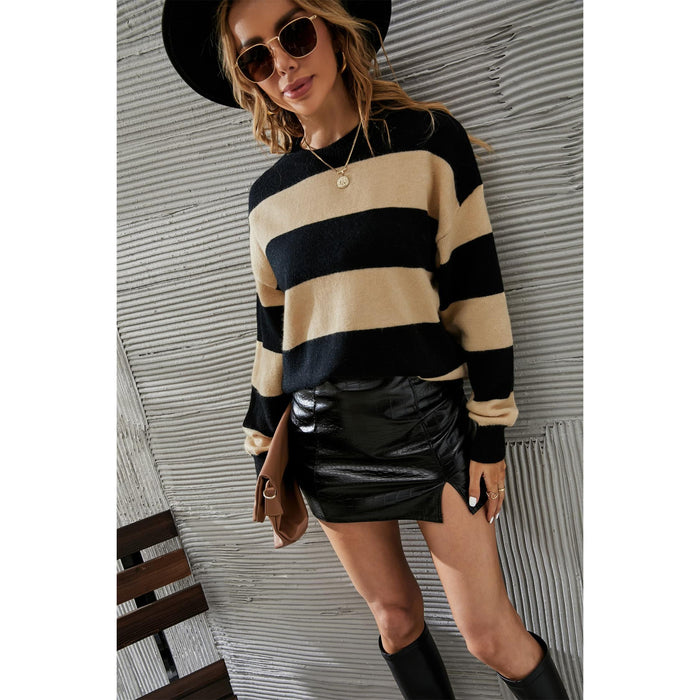 Two-Tone Round Neck Dropped Shoulder Sweater