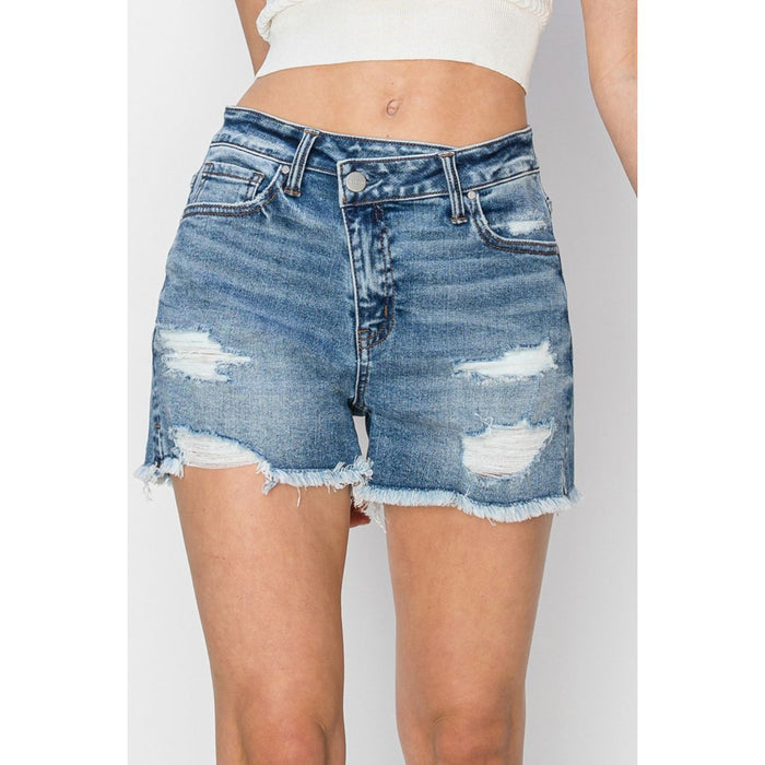 RISEN Stepped Waist Frayed Denim Shorts