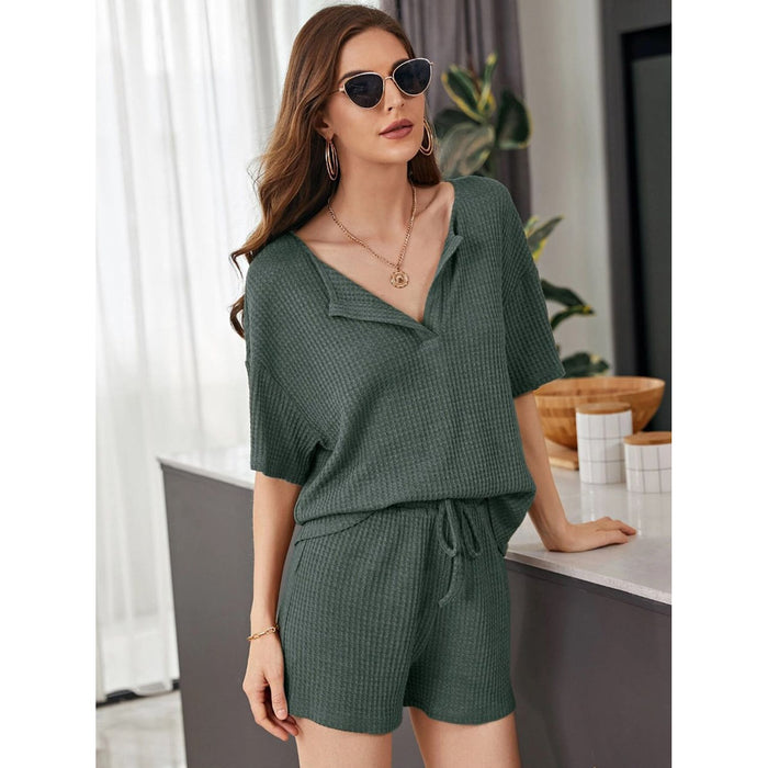 Waffle-Knit Dropped Shoulder Top and Shorts Set