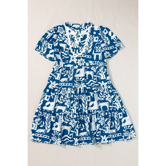 Printed Notched Short Sleeve Mini Dress