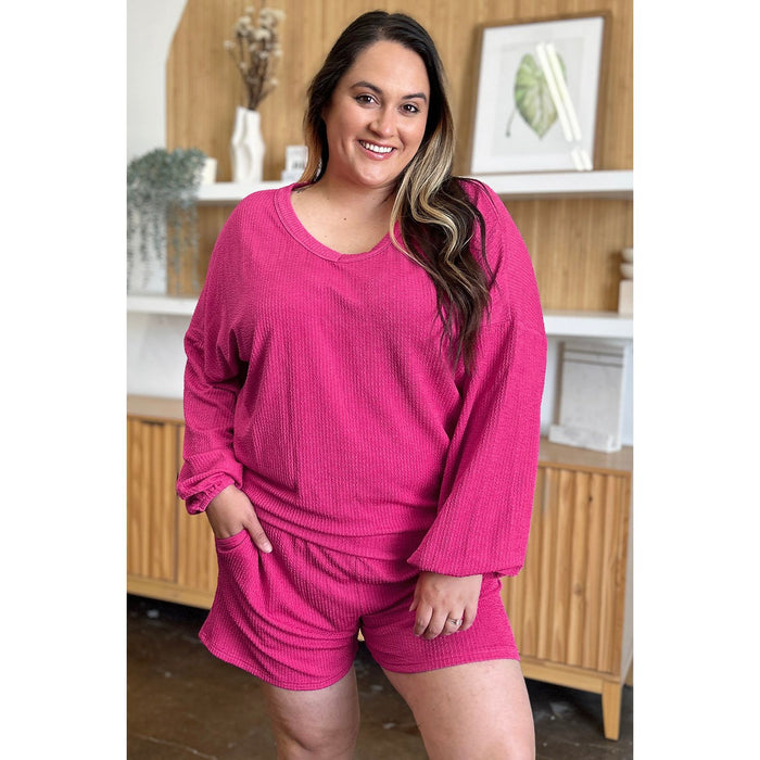 Texture V-Neck Long Sleeve T-Shirt and Shorts Set