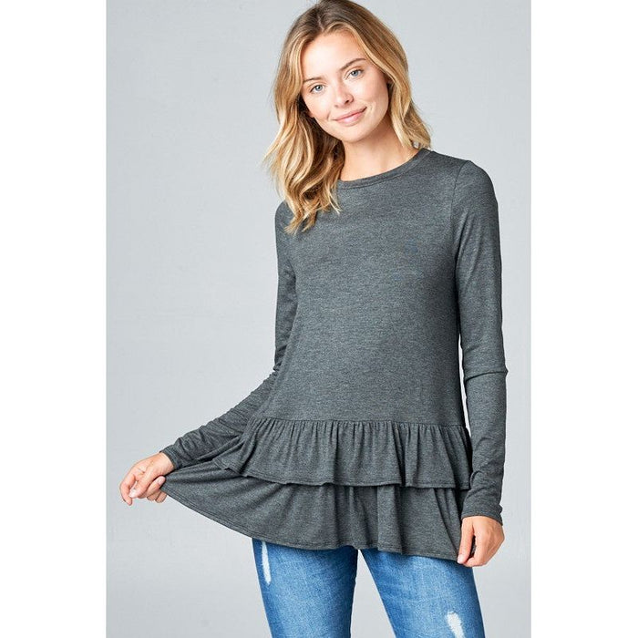 RUFFLE BOTTOM LONG SLEEVE ROUND NECK TUNIC TOP