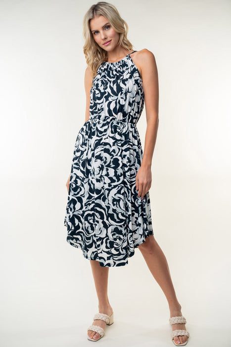 Tied Ruched Floral Sleeveless Knee Length Dress in Black