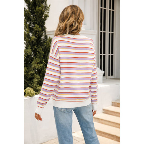 Striped Round Neck Dropped Shoulder Knit Top