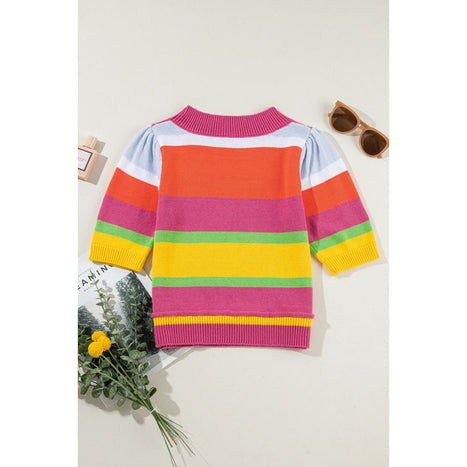 Color Block Round Neck Half Sleeve Knit Top