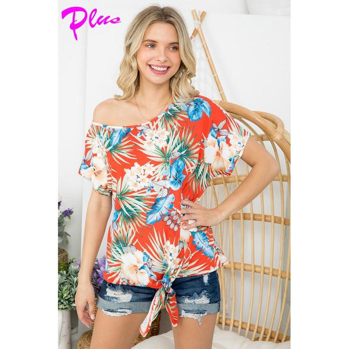 Plus Tropical Oneshoulder Top