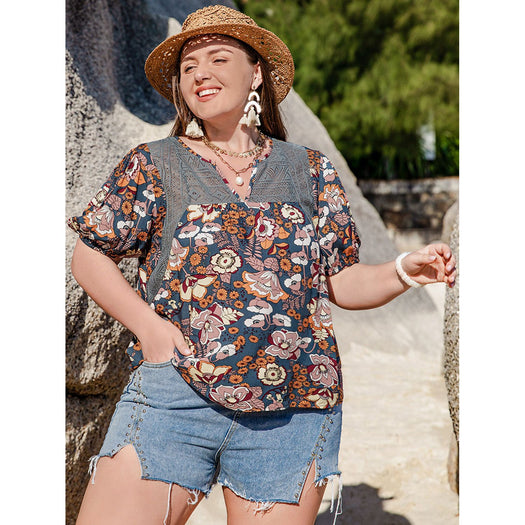 Plus Size Printed Notched Half Sleeve Blouse