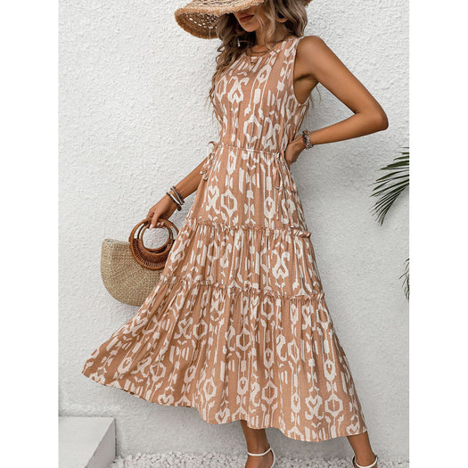 Frill Cutout Printed Round Neck Sleeveless Dress