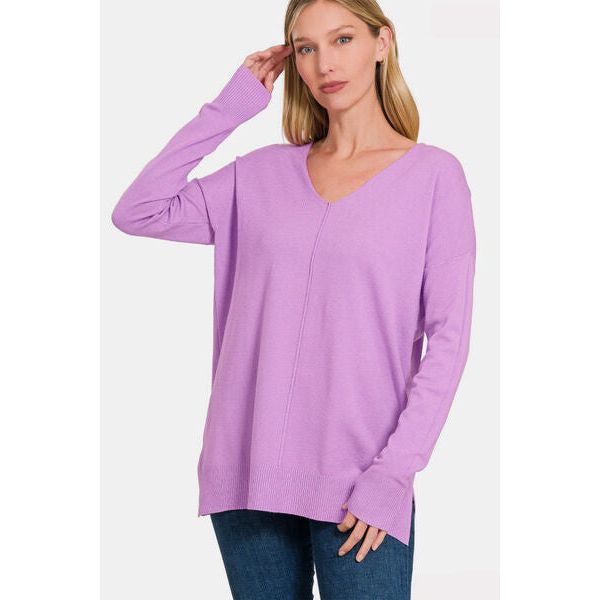 Zenana Slit V-Neck Dropped Shoulder Sweater