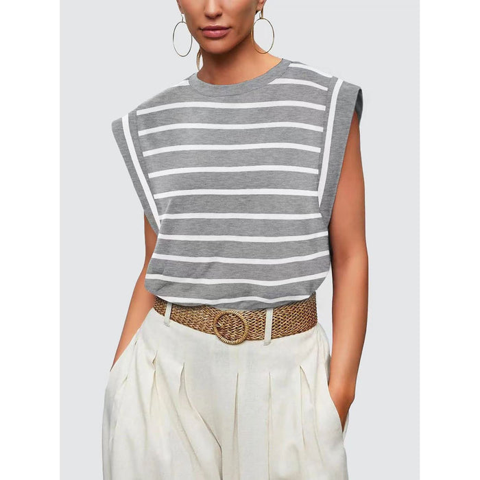 Striped Round Neck Cap Sleeve T-Shirt