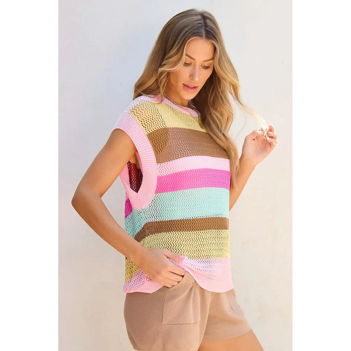 Color Block Round Neck Cap Sleeve Knit Top