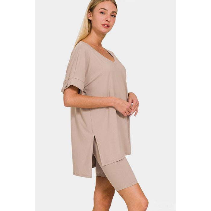 Zenana V-Neck Short Sleeve Slit T-Shirt and Shorts Set