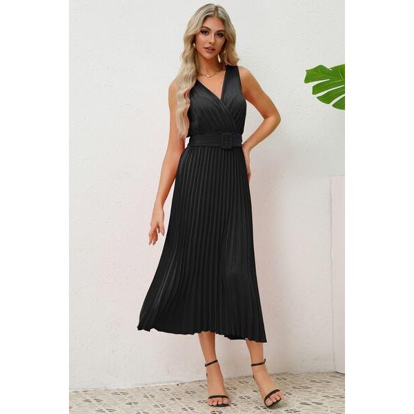 Surplice Sleeveless Midi Pleated Dress