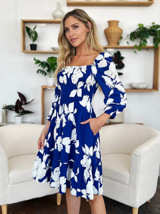 Floral Ruffle Hem Smocked Dress in Royal Blue