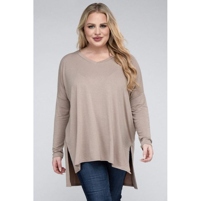 Plus Dolman Sleeve V-Neck Side Slit Hi-Low Hem Top