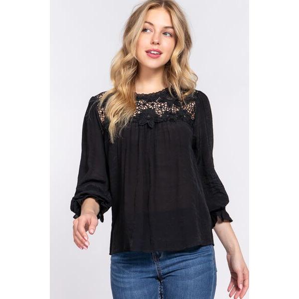 ACTIVE BASIC Crochet Lace Panel Flounce Sleeve Blouse