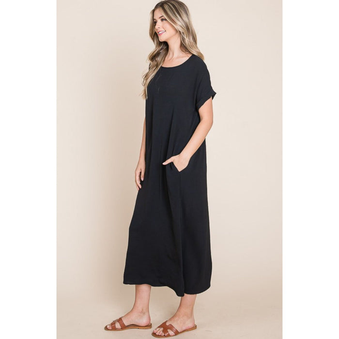 BOMBOM Round Neck Short Sleeve Midi Dress with Pockets