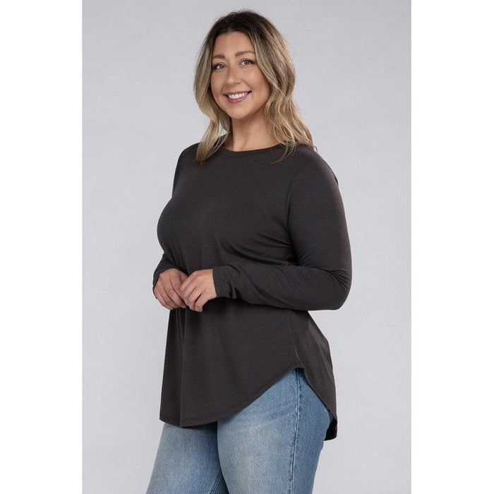 Plus Long Sleeve Round Neck Round Hem Top