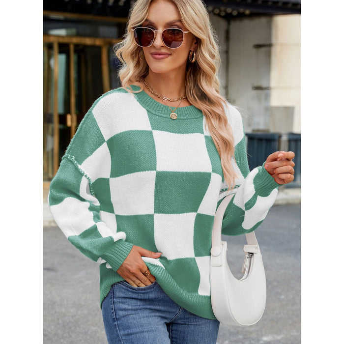 Checkered Round Neck Long Sleeve Sweater