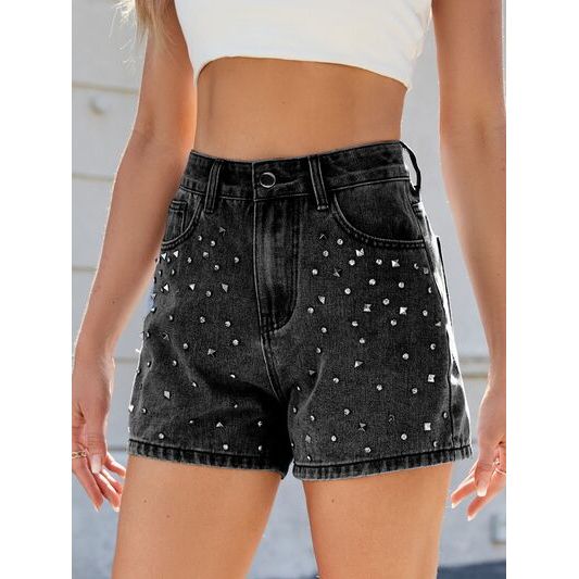 Mill's Beauty Supply Rhinestone Washed High Waist Denim Shorts