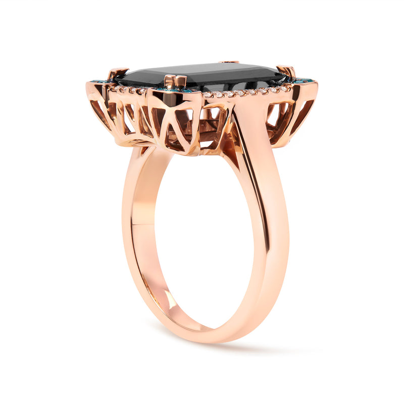 Bids.com 14K Rose Gold 15x10 MM Emerald-Cut Black Onyx and 1/5 Cttw Blue and White Diamond Halo Cocktail Ring (G-H Color, SI1-SI2 Clarity)- Size 7 Rings