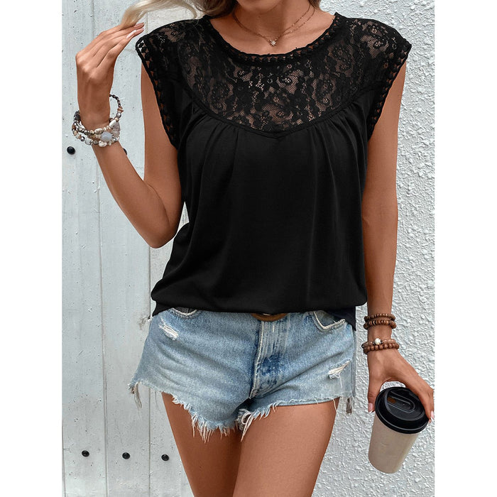 Lace Round Neck Cap Sleeve T-Shirt