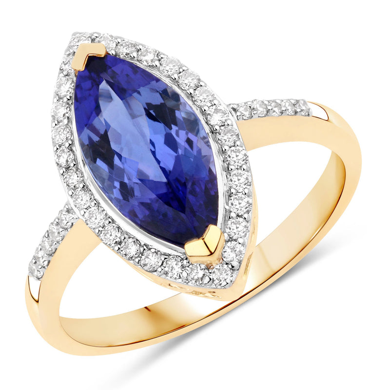 Bids.com 2.33 Carat Genuine Tanzanite and White Diamond 14K Yellow Gold Ring Rings