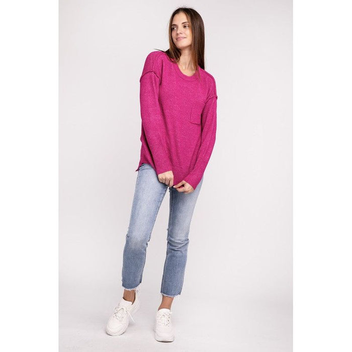 Melange Hi-Low Hem Round Neck Sweater