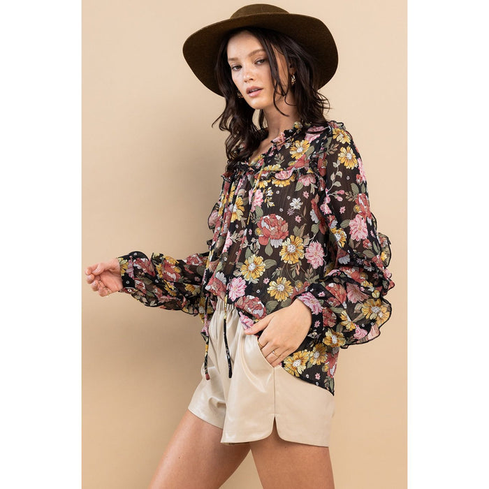 Ces Femme Ruffle Trim Long Sleeve Floral Blouse