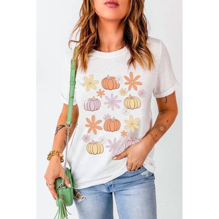 Pumpkin & Flower Round Neck Short Sleeve T-Shirt