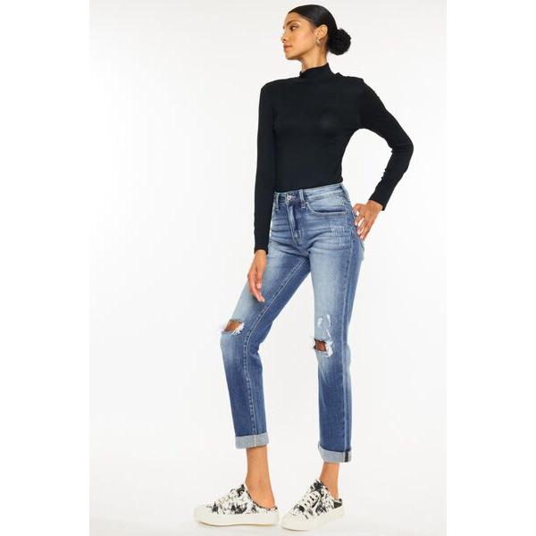 Kancan High Waist Distressed Hem Detail Cropped Straight Jeans