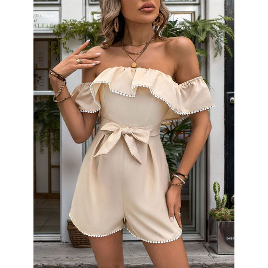 Tied Ruffled Off-Shoulder Short Sleeve Romper