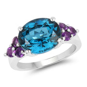 Bids.com 6.60 Carat Genuine London Blue Topaz & Amethyst .925 Sterling Silver Ring Rings