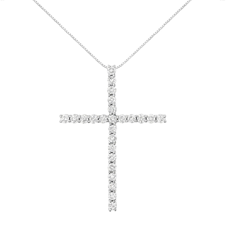 Bids.com .925 Sterling Silver 3.0 Cttw Round Shape Diamond 1-1/2" Cross Pendant with Box Chain Necklace (I-J Color, I2-I3 Clarity) - 18" Necklaces