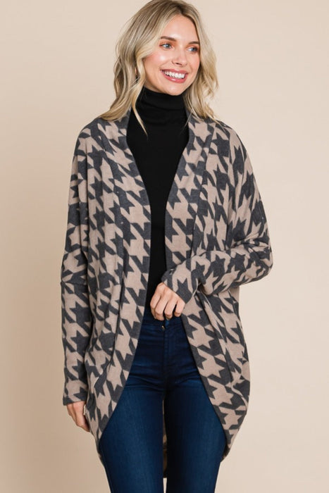 Houndstooth Open Front Cocoon Knit Cardigan