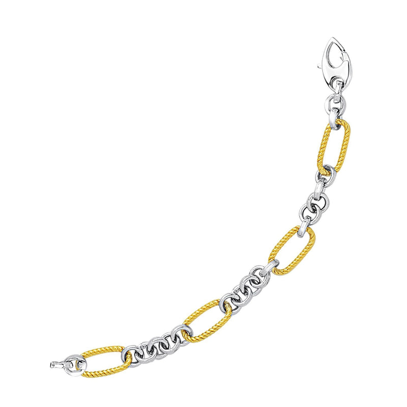 Bids.com 14k Two-Tone Gold Bracelet with Cable Textured Oval and Round Links Bracelets