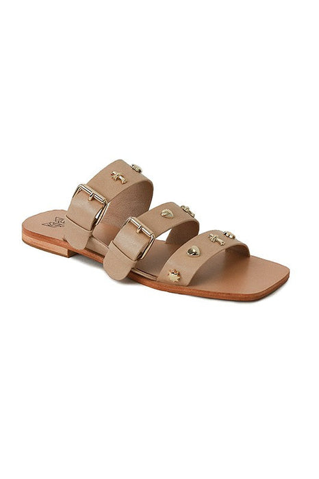 Lana Double Buckle Studed Flat Sandals in Nude