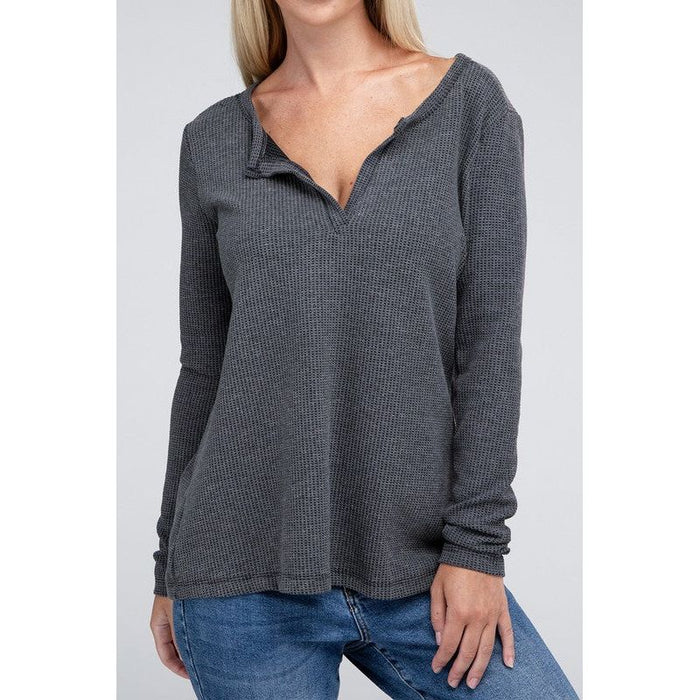 Melange Baby Waffle V-Neck Long Sleeve Top