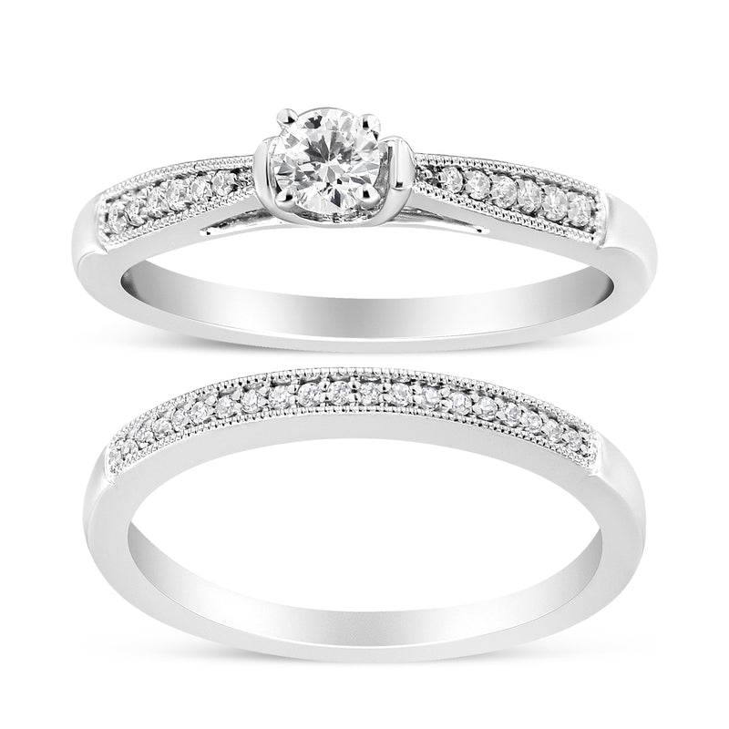 Bids.com .925 Sterling Silver 1/3 Cttw Diamond Classic Engagement Ring Bridal Set with Milgrain (I-J Color, I3 Clarity) - Ring Size 7 Rings