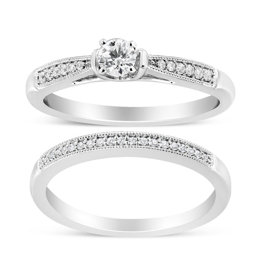 Bids.com .925 Sterling Silver 1/3 Cttw Diamond Classic Engagement Ring Bridal Set with Milgrain (I-J Color, I3 Clarity) - Ring Size 7 Rings