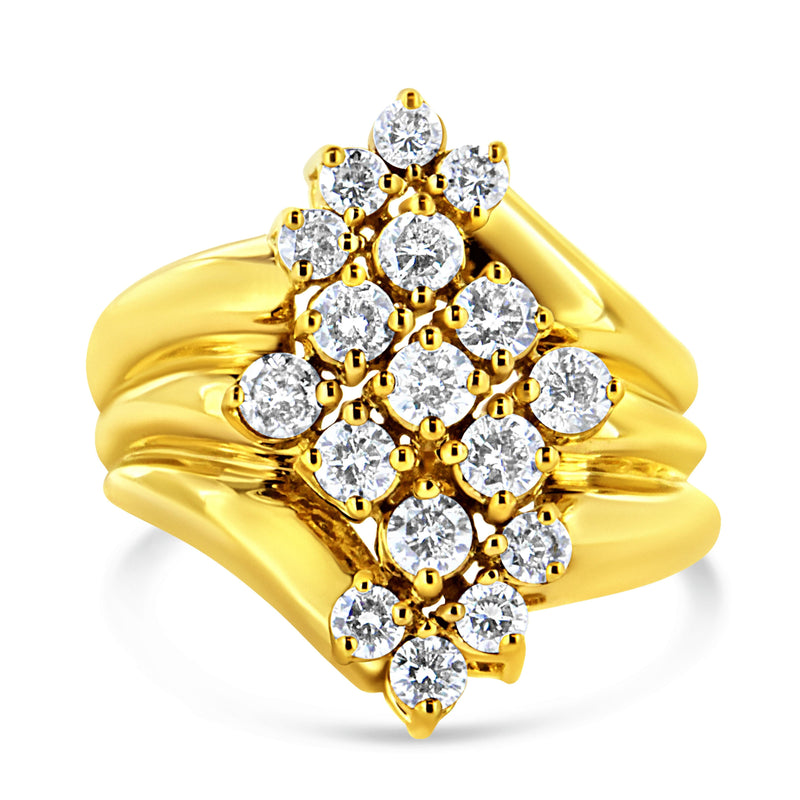 Bids.com 10K Yellow Gold 1 1/2 Cttw Diamond Cluster Tapered Shank Cocktail Ring Cocktail Ring (I-J Color, I1-I2 Clarity) - Ring Size 7 Rings