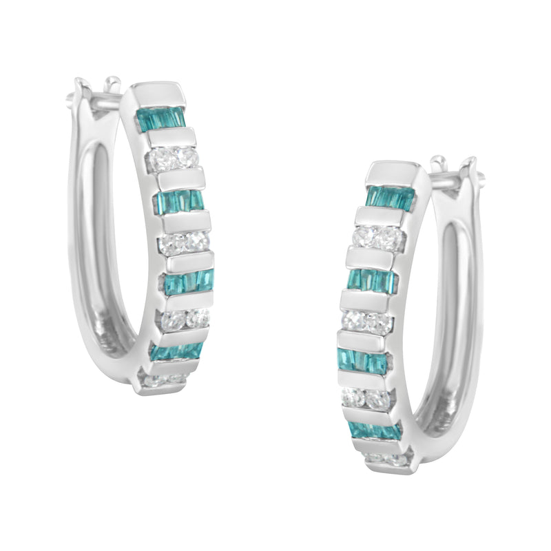 Bids.com 10k White Gold Round and Blue Baguette 1/2 cttw Diamond Hoop Earrings (I-J Color, I2-I3 Clarity) Earrings