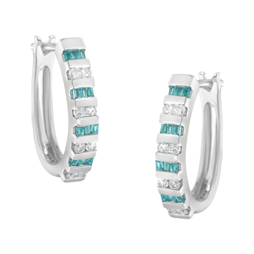 Bids.com 10k White Gold Round and Blue Baguette 1/2 cttw Diamond Hoop Earrings (I-J Color, I2-I3 Clarity) Earrings