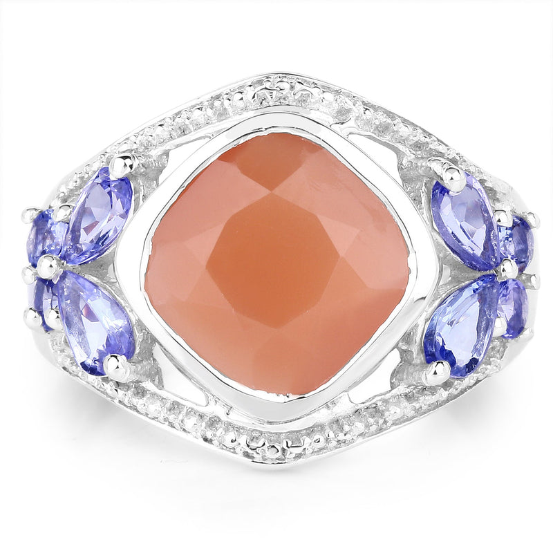 Bids.com 4.67 Carat Genuine Peach Moonstone and Tanzanite .925 Sterling Silver Ring Rings