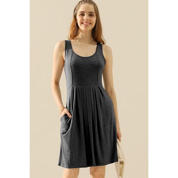 Doublju Round Neck Ruched Sleeveless Dress with Pockets