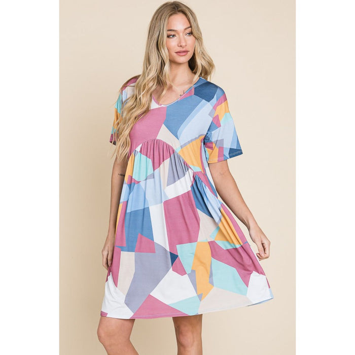 BOMBOM Ruched Color Block Short Sleeve Dress