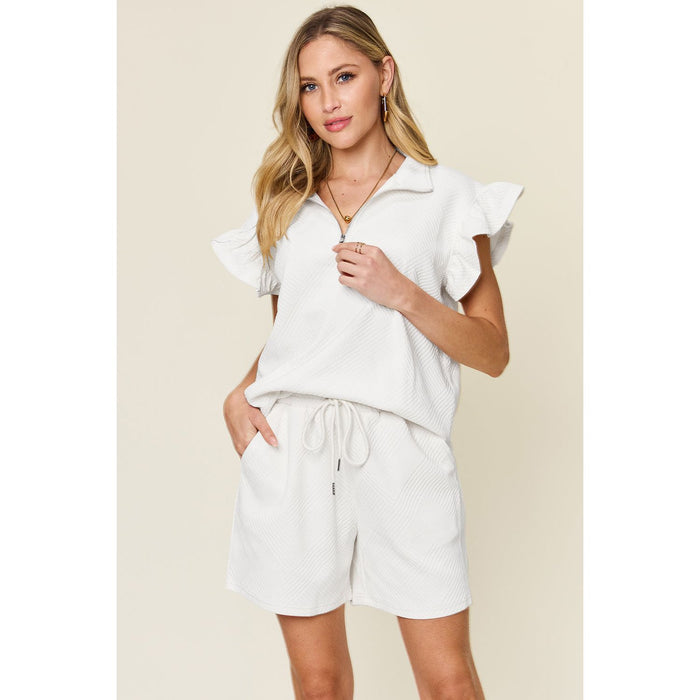 Texture Flounce Sleeve Top and Drawstring Shorts Set