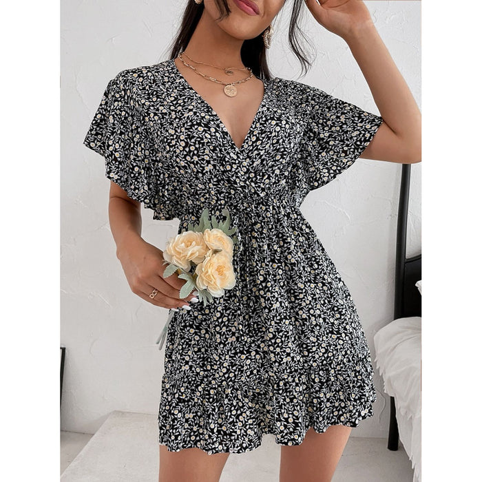 Cutout Ditsy Floral Surplice Flounce Sleeve Dress